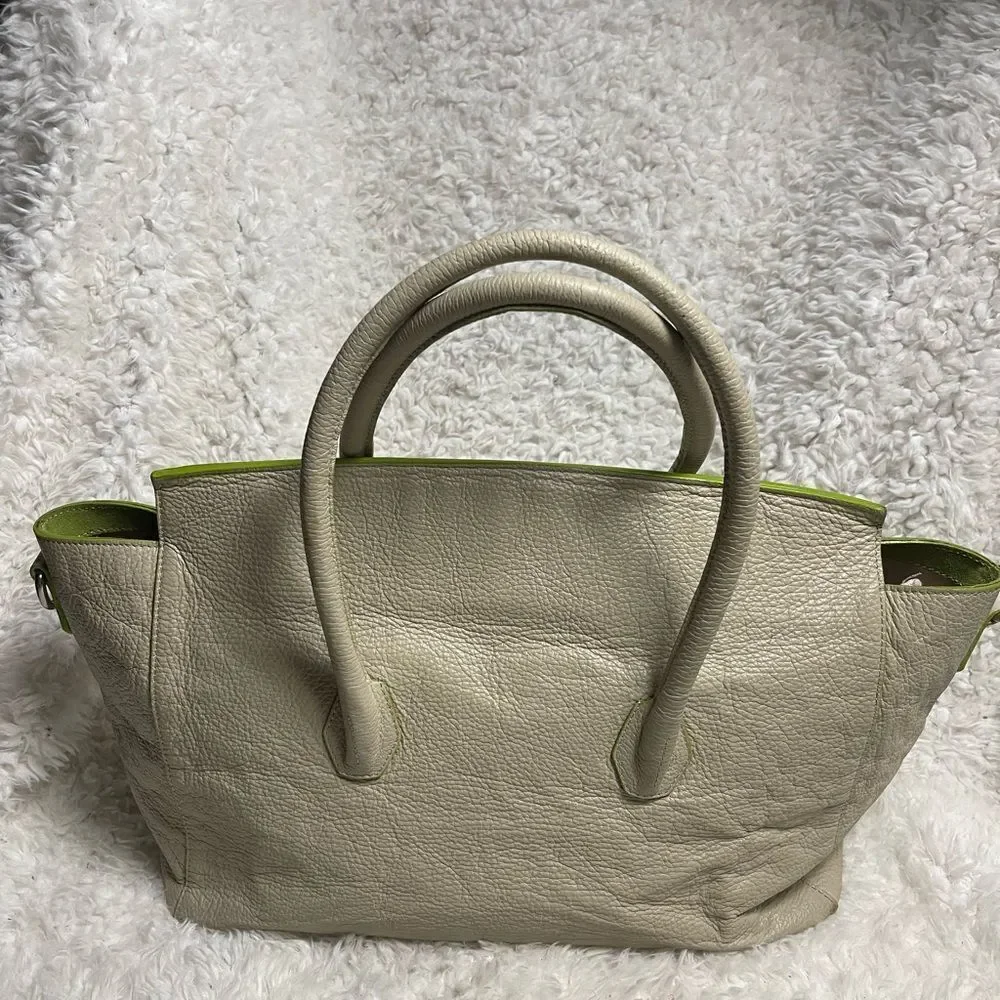 Vittoria Napoli Elegant Leather Cream XL Tote Bag with Green Accents